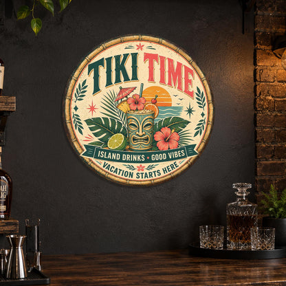 Tiki Time Sign, Round Metal Tiki Bar Wall Art, Island Drinks, Tiki Decor, Tiki Sign, Tropical Decor, Tropical Sign, Beach Bar, Pool Bar
