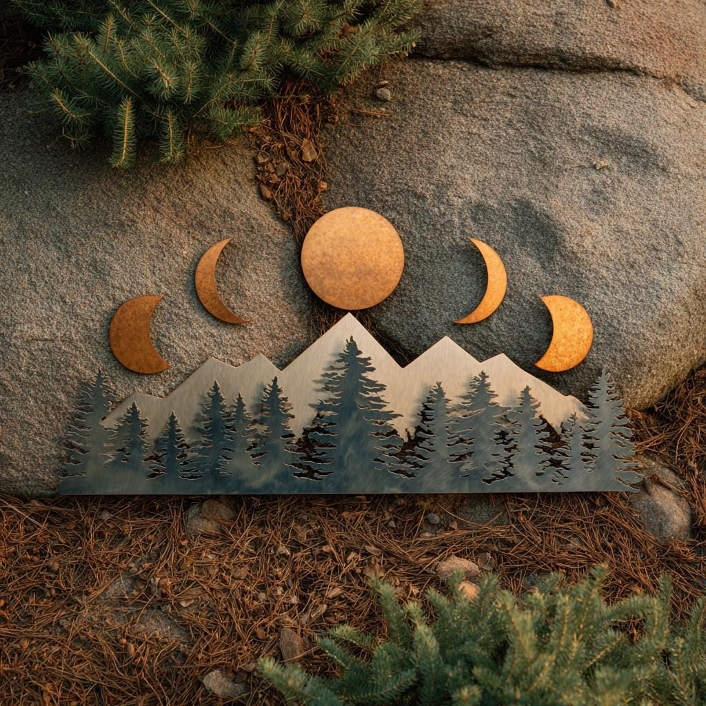UV Printed Aluminum Mountain Moon Phase Wall Art, Rustic Forest Cabin Decor